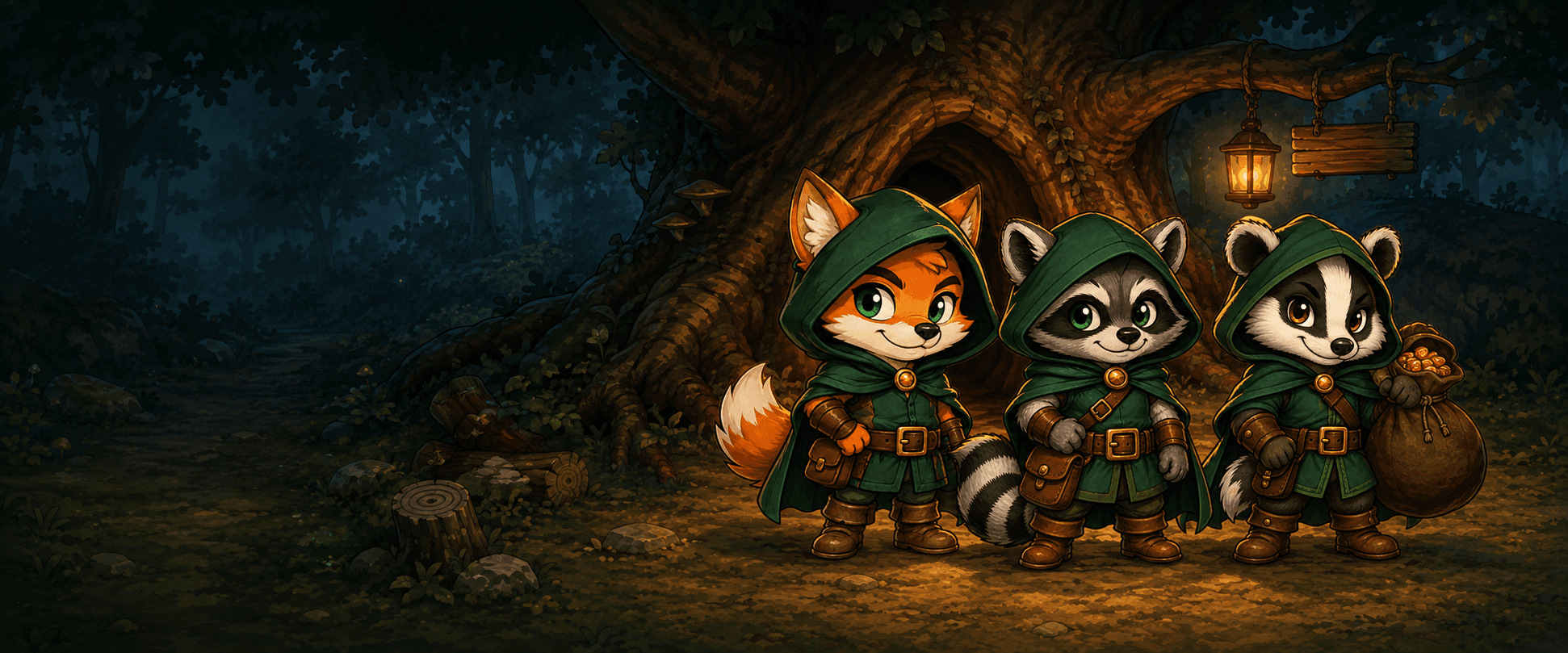 Three woodland outlaws at their dusk hideout